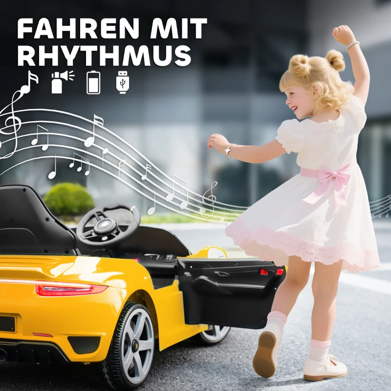 AIYAPLAY Elektrische RUF GT kinderauto – 2,4 GHz afstandsbediening, MP3/USB-aansluiting, veiligheidsriem – Geel