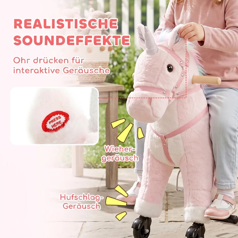 AIYAPLAY Reitpferd auf Rollen Spielpferd zum Reiten mit Einhorn-Design Rollen Sound Griffe Fußstütze bis 40 kg für Kinder 1–3