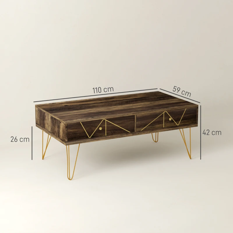 HOMCOM Tavolino da Caffè per Soggiorno con 2 Cassetti e Design Moderno in Legno e Metallo Verniciato in Oro 110x59x42cm