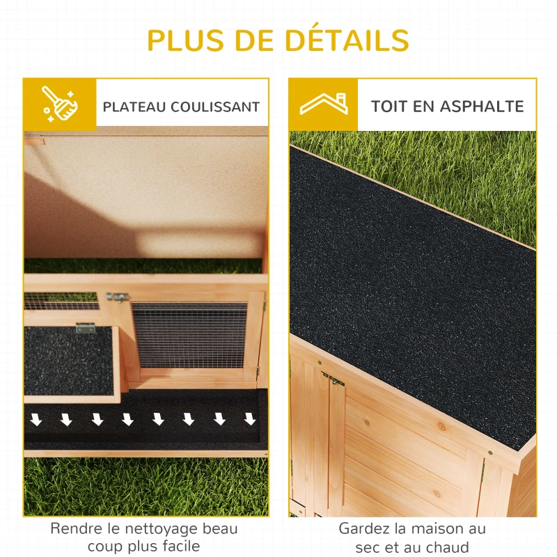 PawHut Clapier sur pied cage à lapin avec toit bitumé ouvrant 2 portes verrouillables 2 tiroirs à déjection coulissants mangeoire bois de sapin traité dim. 112L x 50l x 54H cm bois naturel et noir