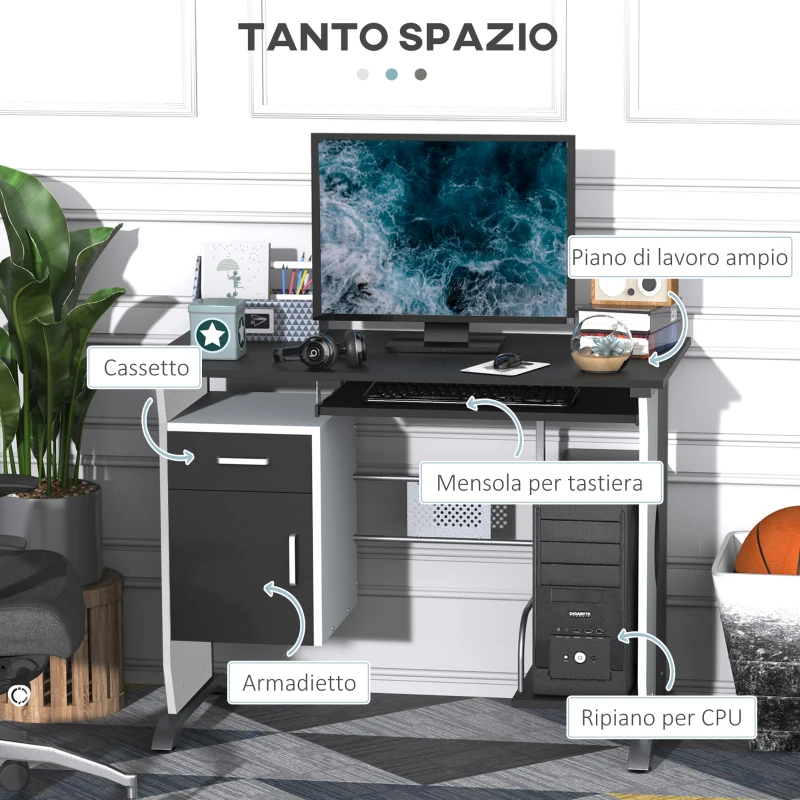 Vinsetto Scrivania per Computer con Ripiano, Cassetto e Armadietto, in MDF e Ferro, 100x52x75 cm, Bianca e Nera