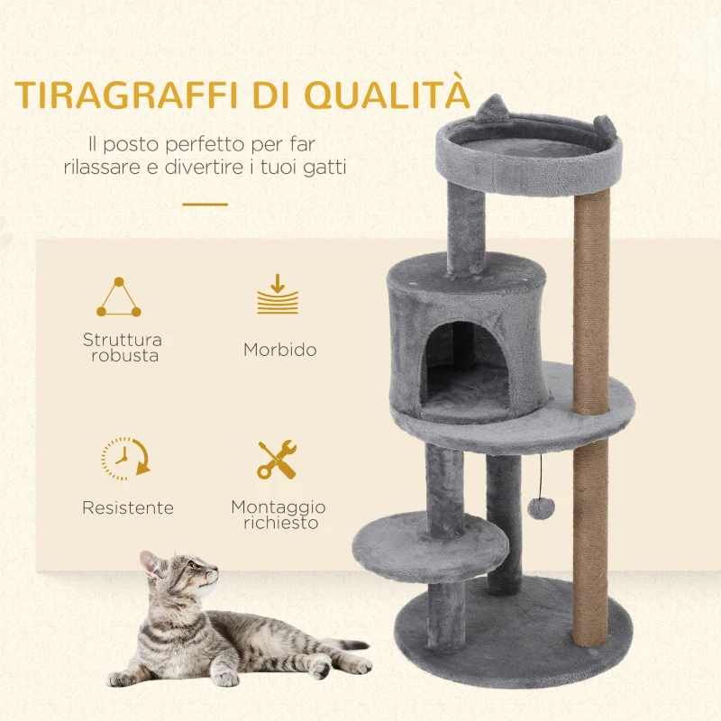 PawHut Albero Tiragraffi per Gatti a 3 Livelli con Trespoli, Casetta e Pallina Appesa, Albero per Gatti in Legno, Sisal e Peluche, 48x48x104 cm, Grigio
