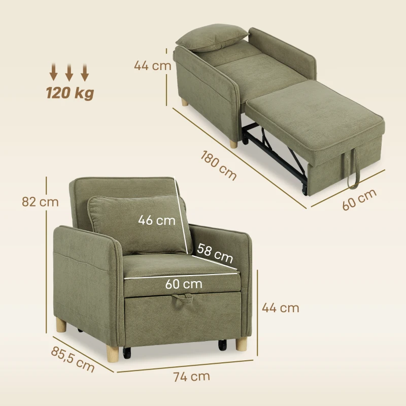HOMCOM Sillón Cama Individual 3 en 1 Sofá Cama Plegable con Respaldo Ajustable y Cojín para Salón 74x85,5x82 cm Verde Oscuro