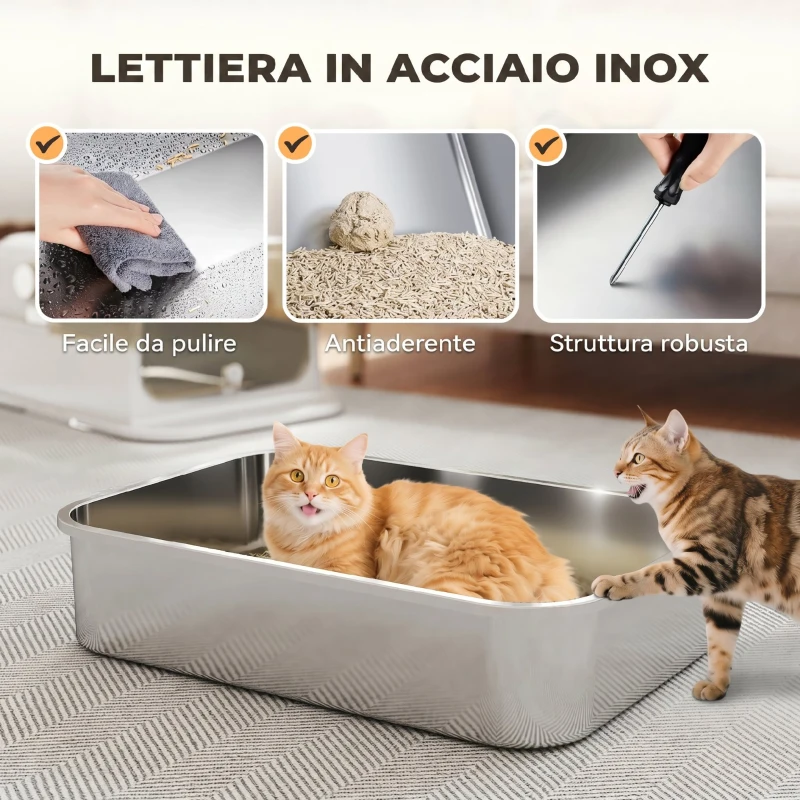 PawHut Lettiera Gatto Chiusa in Acciaio Inox 52L con Coperchio Ribaltabile, Doppia Porta, Paletta, Bianco