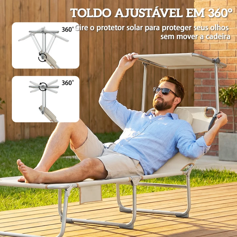 Outsunny Conjunto de 2 Espreguiçadeiras Dobráveis com Dossel 360° Encosto 5 Posições Orifício Facial e Textilene 550 g/m² 188x56x27 cm Bege
