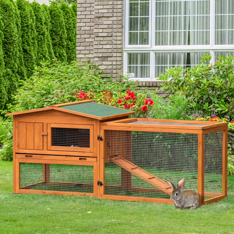 PawHut Clapier cage à lapins rongeurs 2 étages tiroir déjection enclos extérieur amovible toit ouvrant 156L x 58l x 68H cm bois massif pin