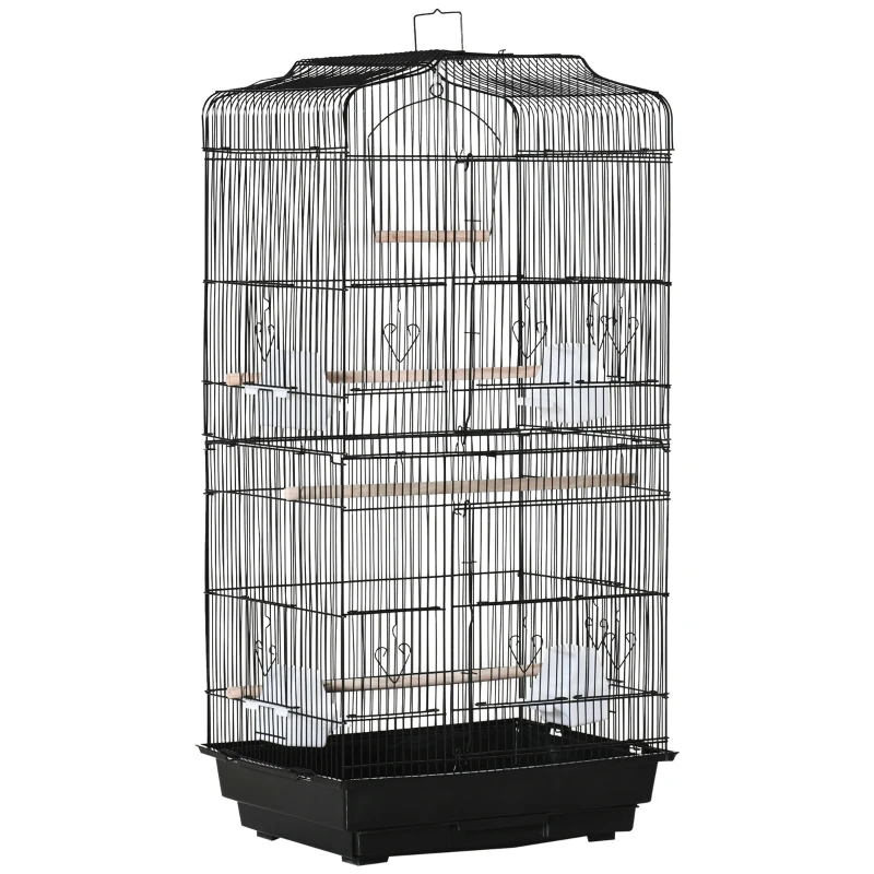 PawHut Gaiola para Passáros Gaiola de Metal com Portas 4 Comedouros 3 Poleiros Baloiço Bandeja Removível e Alça de Transporte para Papagaio Canário Periquito 46,5x35,5x92cm Preto