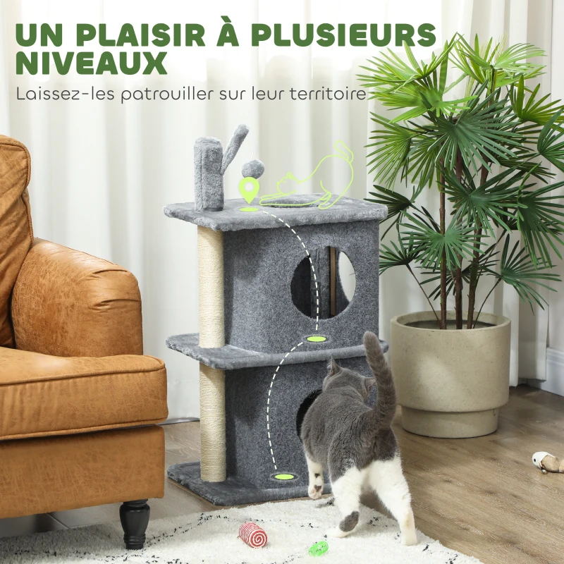 PawHut Arbre à chat à 3 niveaux tour pour chat 2 niches et surface de repos confortable, balle 43 x 33 x 80 cm gris foncé
