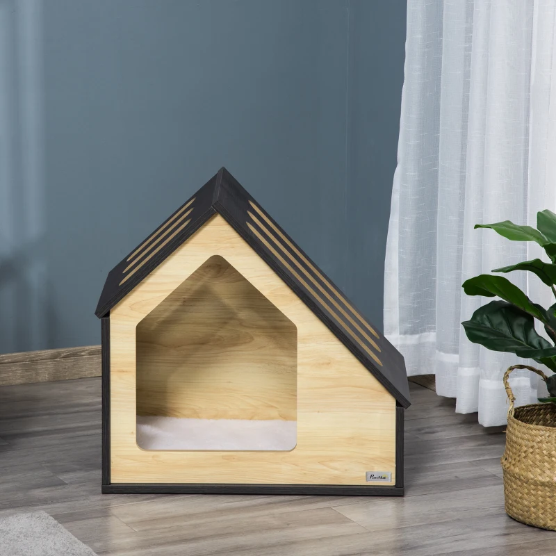Pawhut Hondenkennel Inclusief Kussen Houten Hut Design 60cm x 40cm x 59,2cm(m-8)