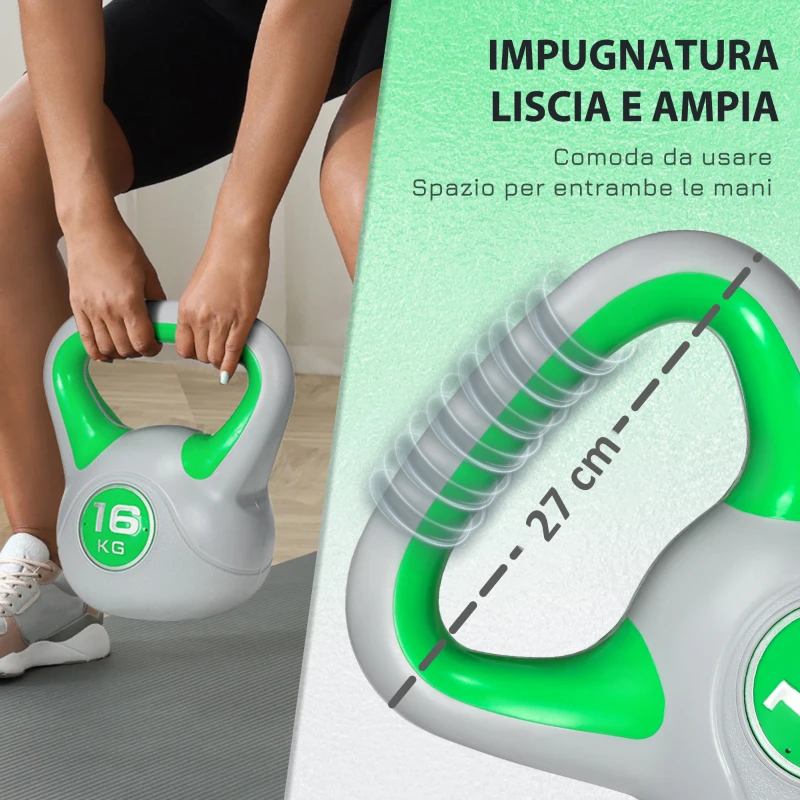 SPORTNOW Kettlebell 16kg in PU e Sabbia con Base Piatta e Impugnatura per Stacchi, Squat e Sollevamenti, 27x17x31 cm, Verde