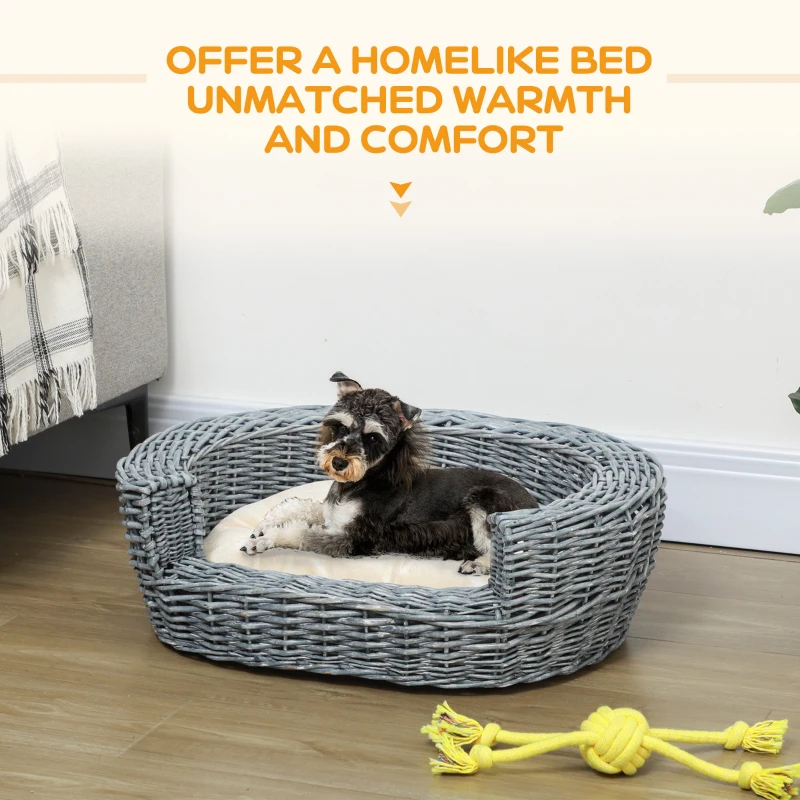 PawHut Wicker Pet Bed Willow Dog Cat Sofa Puppy Basket with Cushion Grey 57L x 46W x 17.5H cm