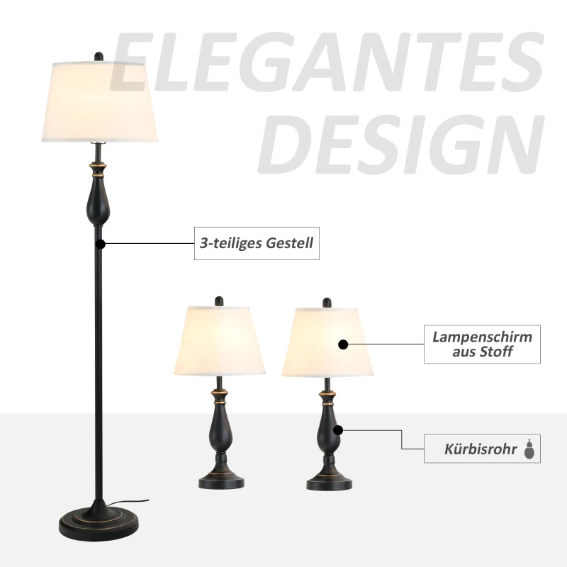 HOMCOM 3er-Set Stehlampen-Set inkl. 2 Tischleuchten, 1 Stehleuchte, Tischlampen-Set mit E27 Fassung, Lampenschirm aus Leinen Standlampe für Wohnzimmer, Schlafzimmer, Weiß+Schwarz