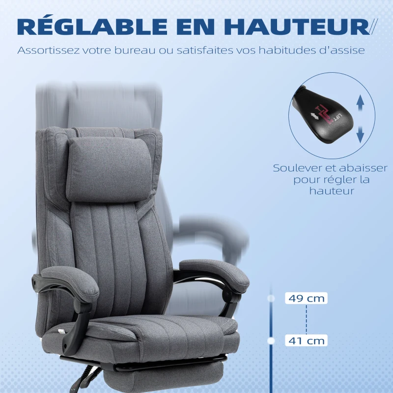 Vinsetto Chaise de bureau siège pivotant dossier inclinable hauteur réglable 65 x 61 x 105-113 cm gris