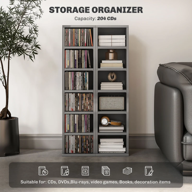 HOMCOM Set of 2 CD Media Display Shelf Unit Tower Rack with Adjustable Shelves, High Gloss Grey