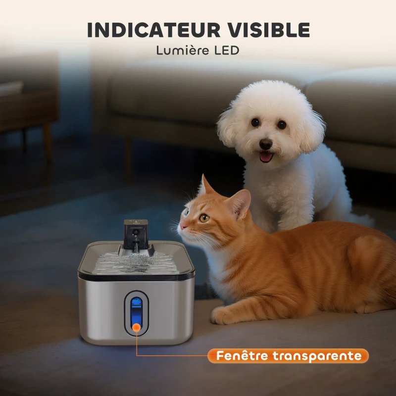 PawHut Fontaine à eau pour chat automatique en inox 5L, silencieuse, distributeur eau chat 3-étapes filtre chargeur USB, argent