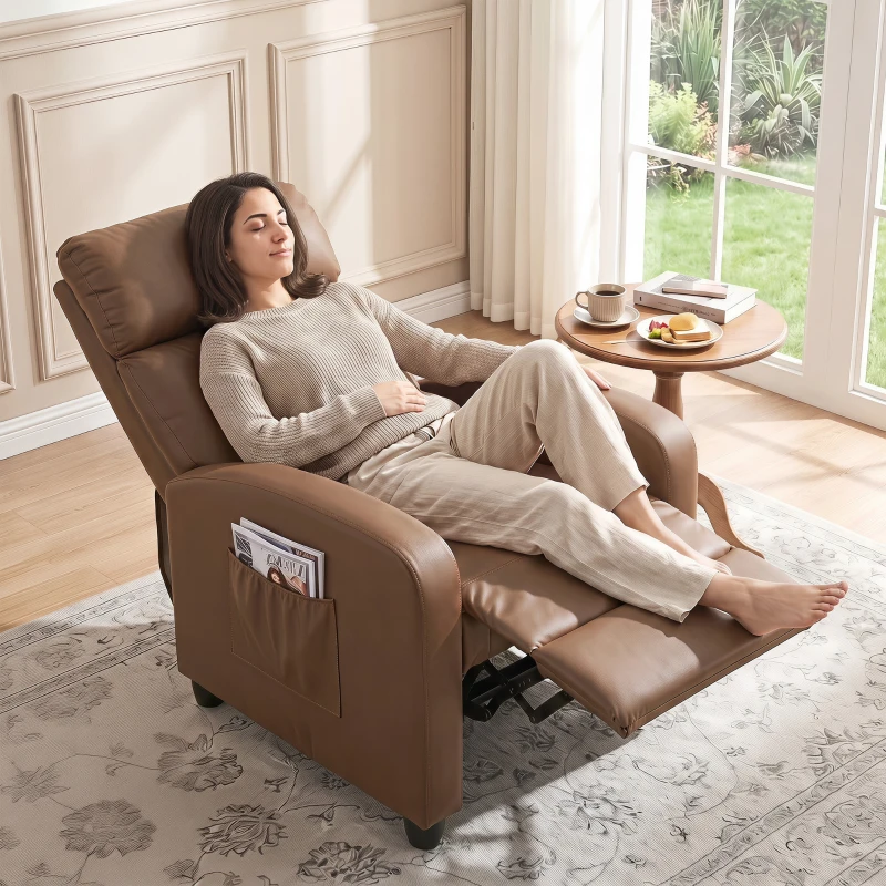 HOMCOM Recliner Armchair, Massage Faux Leather Push Back Reclining Chair with Adjustable Leg Rest, Side Pocket, Dark Brown