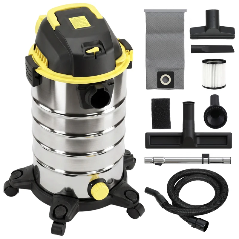 HOMCOM 1400W Vacuum Cleaner, 3-in-1 Wet and Dry Vacuum Cleaner with Blowing Mode and 30L Stainless Steel Tank, Yellow