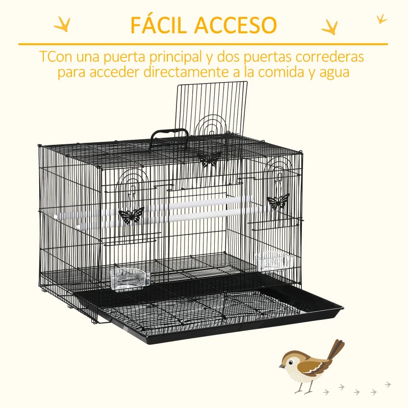 PawHut Gaiola para Pássaros 60x41x41cm Gaiola com 2 Poleiros e 3 Portas para Pássaros Pequenos Canários Preto