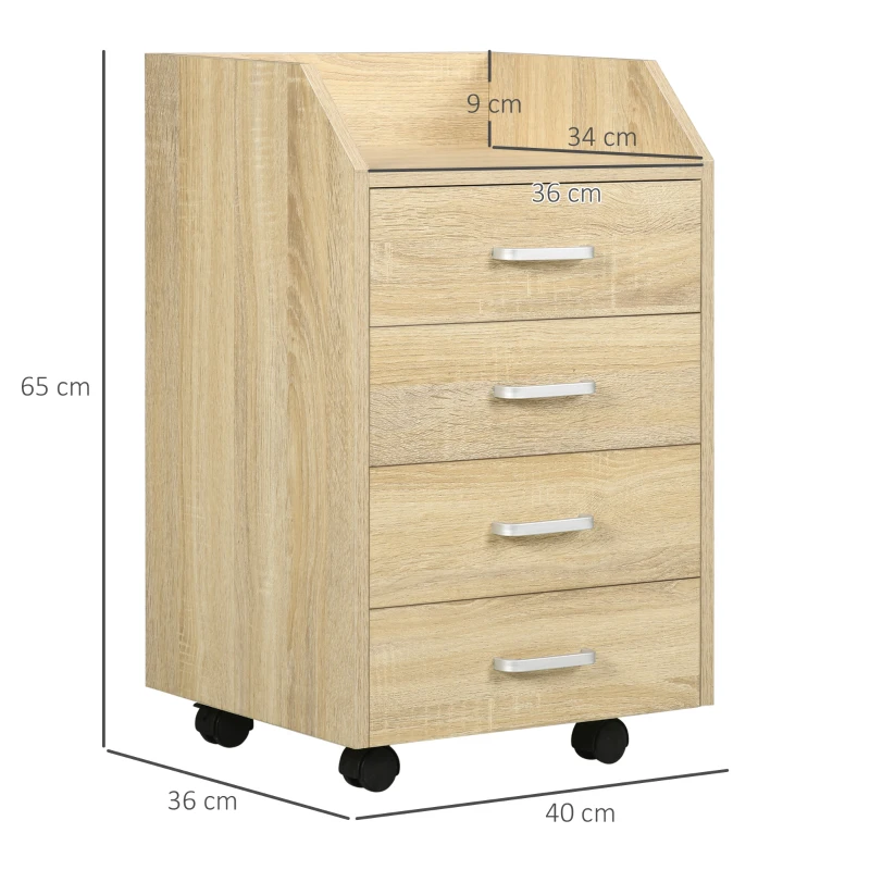 Vinsetto Cassettiera da Ufficio in Legno con 4 Cassetti, Ruote e Bordi Rialzati, 40x36x65cm, Legno Naturale