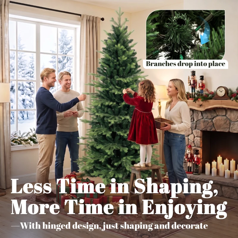 HOMCOM Geneva Fir Hinged Xmas Tree, 7ft/210cm Artificial Christmas Tree with 2079 Branch Tips, Foldable Steel Stand, Green