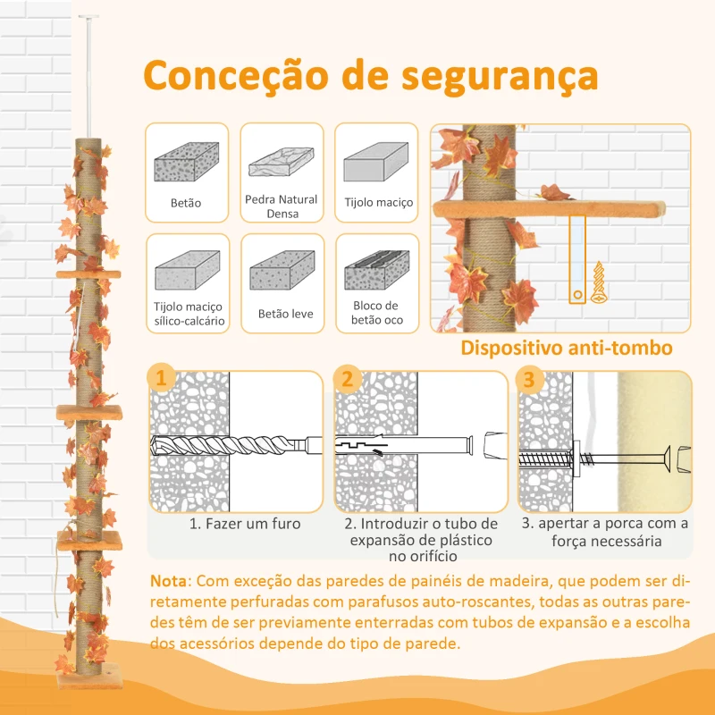 PawHut Árvore para Gatos do Chão ao Teto 37x21x202-242 cm Torre Arranhador para Gatos com Altura Ajustável 3 Plataformas Laranja