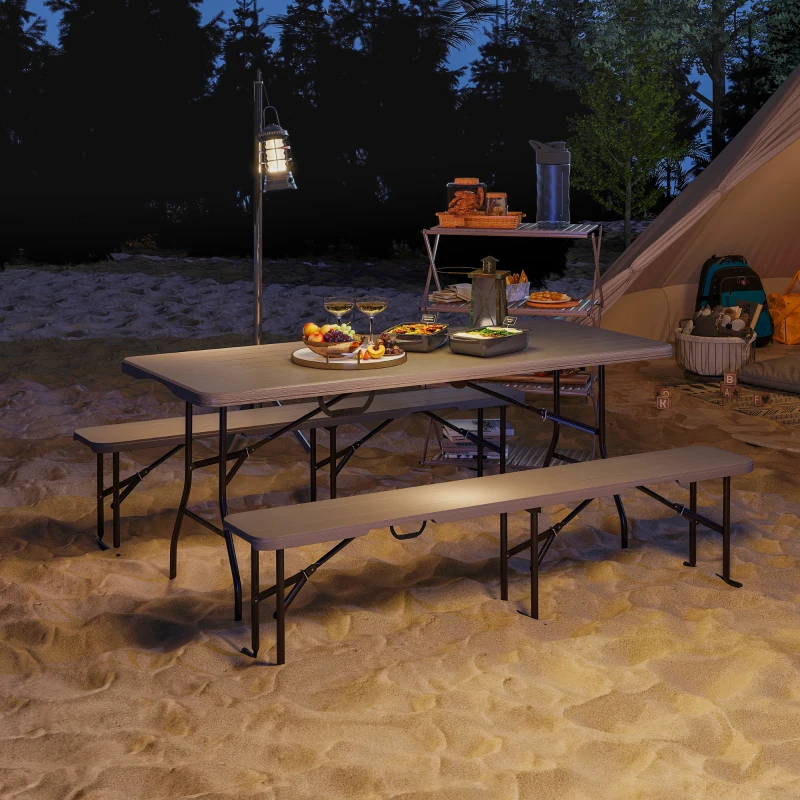 Outsunny Conjunto de Camping Plegable de Mesa y Bancos Imitación Madera para Exterior 180x74x74 cm y 182x28x42 cm Marrón