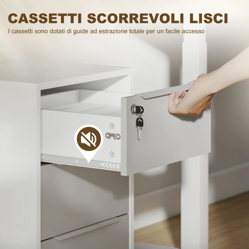 HOMCOM Schedario per Ufficio a 3 Cassetti con Chiavi di Sicurezza e 4 Ruote, in Legno, 40x40x63.5 cm, Bianco e Grigio