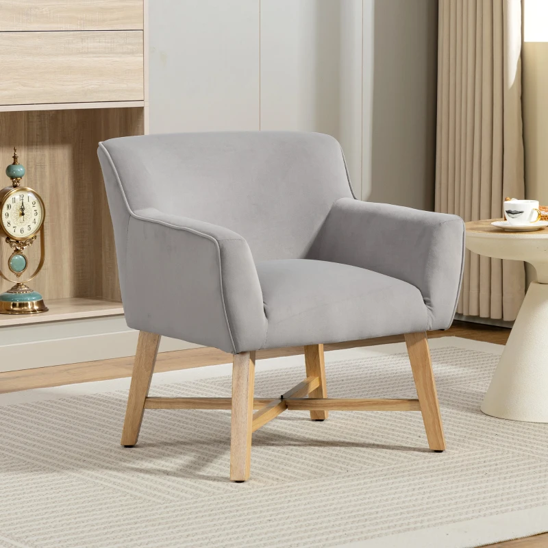HOMCOM Poltrona de Sala de Estar Poltrona Relax Moderna com Apoio para os Braços Acolchoados Pés de Madeira 67x65x74 cm Cinzento