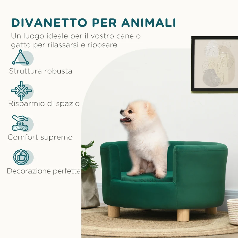 PawHut Divano per Cani Imbottito con Schienale e Cuscino Rimovibile, Cuccia per Gatto da Interno, 65x64x37 cm, Verde