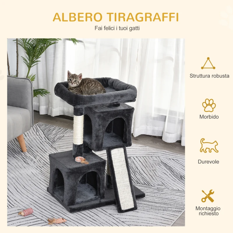 PawHut Albero Tiragraffi per Gatti con Pali in Sisal, Lettino e 2 Casette, 59x39x81cm, Grigio Scuro