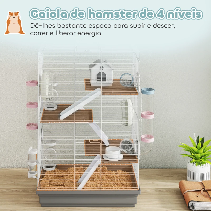 PawHut Gaiola para Hámster 47x30x70 cm Gaiola para Roedores com Túnel Plataformas Tigela Bebedouro Casinha Rampas e Roda Cinzen