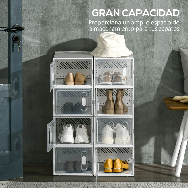 HOMCOM Organizador de Zapatos Modular Estantería Modulable con 8 Cubos Puertas Magnéticas 25x35x19 cm Transparente