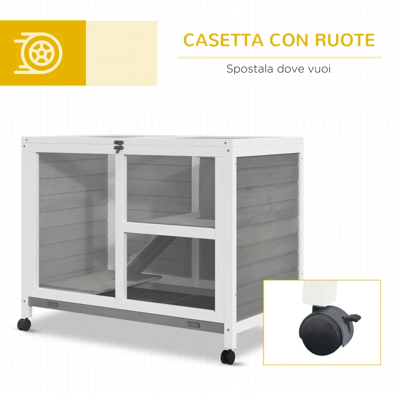 PawHut Conigliera in Legno a 2 Piani con Casetta, Rampa e Vassoio Estraibile, 91.5x53.3x73cm