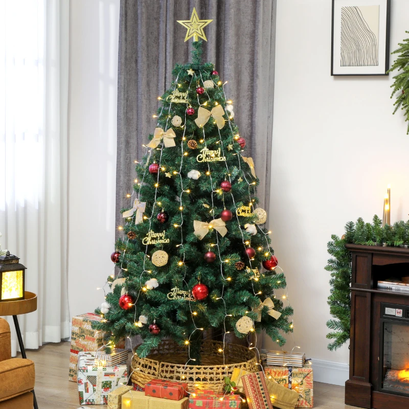 HOMCOM Árvore de Natal de 180 cm com Decorações 200 Luzes LED Branco Quente 8 Modos de Iluminação e 650 Ramos Verde