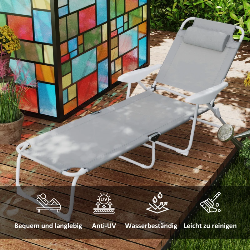 Outsunny ligstoel, opvouwbare strandstoel, tuinstoel 4 standen, mesh, Lichtgrijs, 160 x 66 x 80 cm
