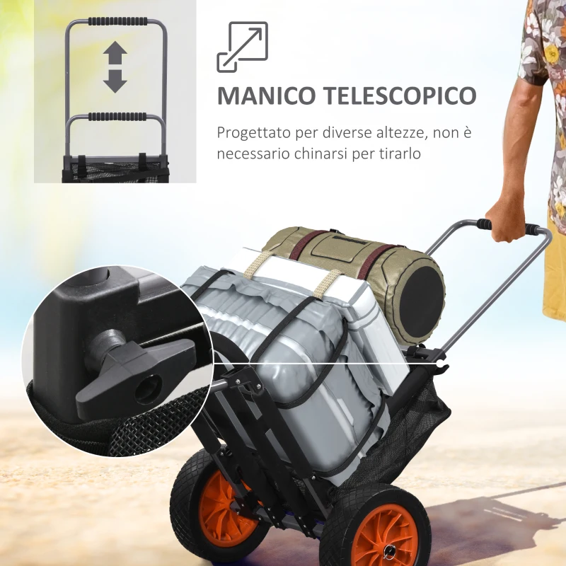 SPORTNOW Carrello da Spiaggia Pieghevole con Tasca in Rete, Manico Telescopico e Cavalletto, 82x67x81 cm