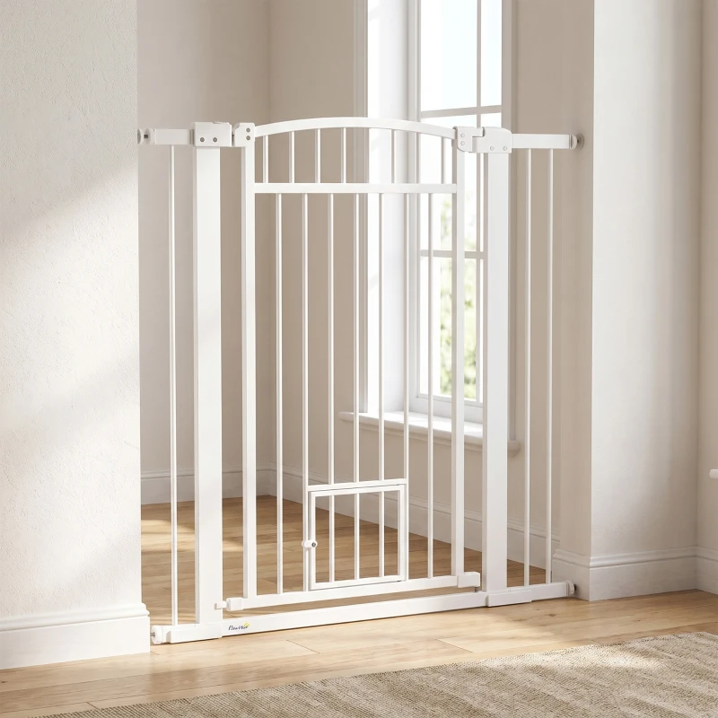 PawHut Barrière pour chien, largeur ajustable 76-102cm, barrière extra large avec porte pour chat, blanc