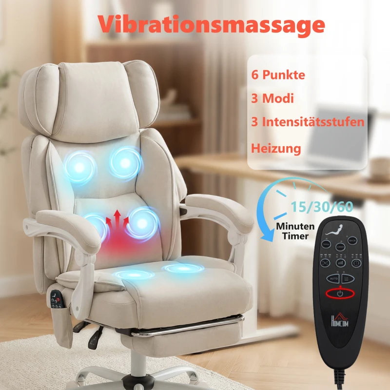 HOMCOM Hochlehner-Bürostuhl mit Vibrationsmassage und Heizung, ergonomisch, neigbar, mit Fußstütze, Cremeweiß
