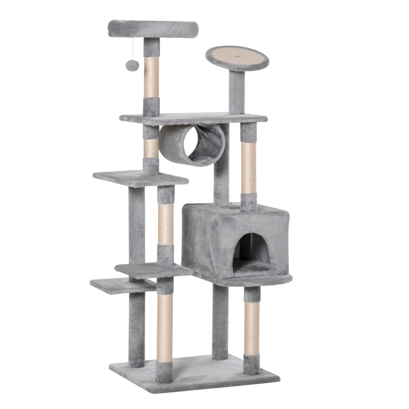 PawHut Albero Tiragraffi a Colonna da 165cm con Graffiatoio e Trespoli per Gattini e Gatti Adulti di Max. 4.5kg, Grigio, 60x50x165cm
