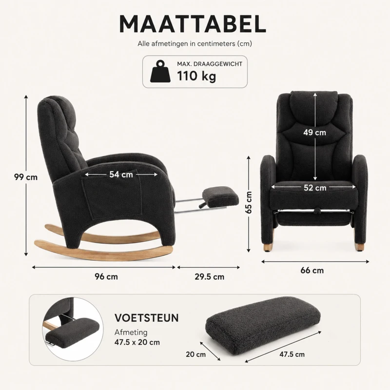 Schommelstoel relaxfauteuil, ergonomische hoofdsteun en inklapbare voetensteun, 66x125x101 cm, Donkergrijs