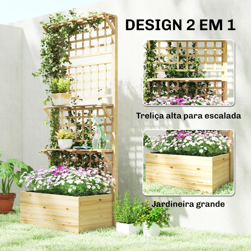 Outsunny Jardineira com Treliça e Teto em Madeira para Plantas Trepadeiras com 2 Prateleiras Drenagem e Forro 76x43,5x177 cm Natural
