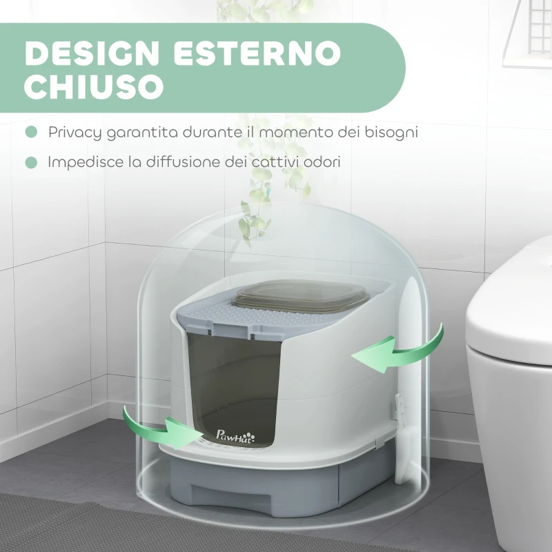 PawHut Lettiera per Gatti Chiusa con 2 Porte, Vassoio Estraibile, Paletta e Deodorante, Grigio