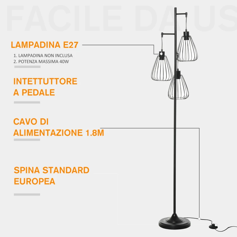 HOMCOM Lampada da Terra Vintage Industriale in Metallo Nero, Lampada a Piantana da Terra Moderna Ф35 x 170cm
