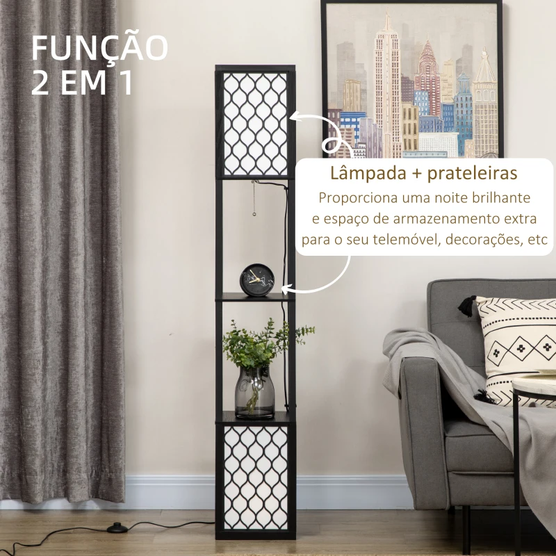 HOMCOM Candeeiro de Pé de Madeira com Estantes Lâmpada E27 Máx. 40W com Interruptor 26x26x156cm Preto e Branco