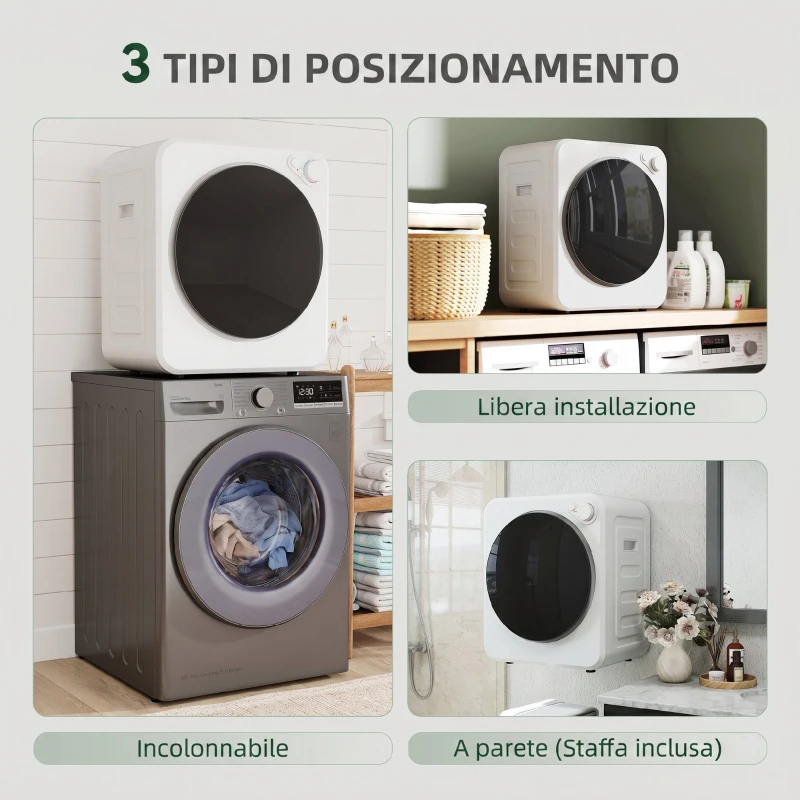 HOMCOM Mini Asciugatrice Portatile 2.5kg, 5 Programmi, 800/400W, Carica Frontale, Impilabile/Parete/Autoportante, Bianco