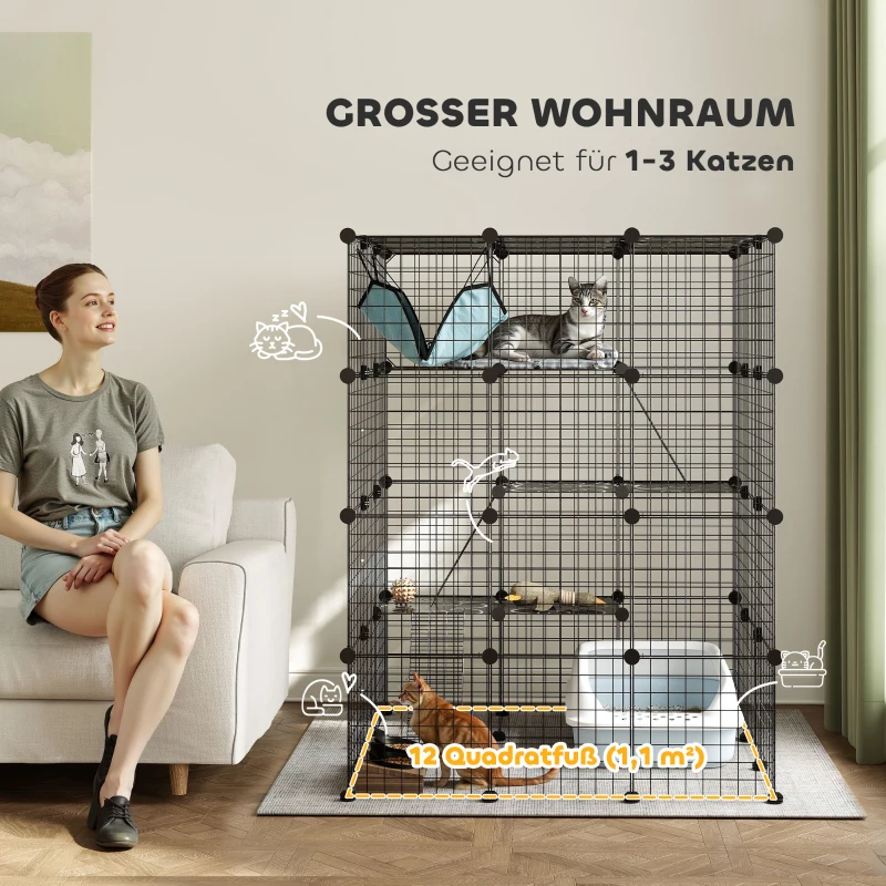 PawHut Kattenkooi voor binnen 4-laags DIY-kattenverblijf met dicht metalen gaas, hangmat, ramp, deuren, springplatforms