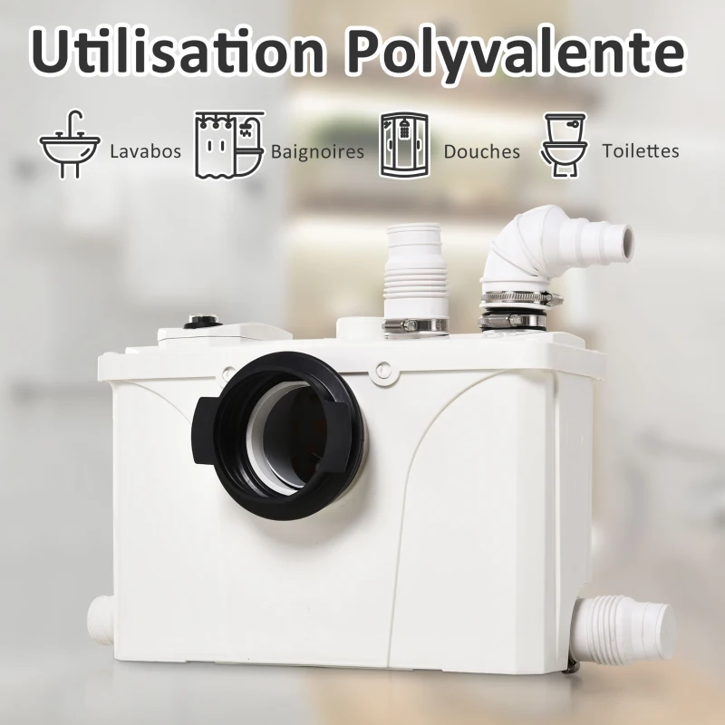 HOMCOM Broyeur sanitaire WC pompe de relevage 600 W silencieux compact 4 colliers serrage + 4 embouts blanc