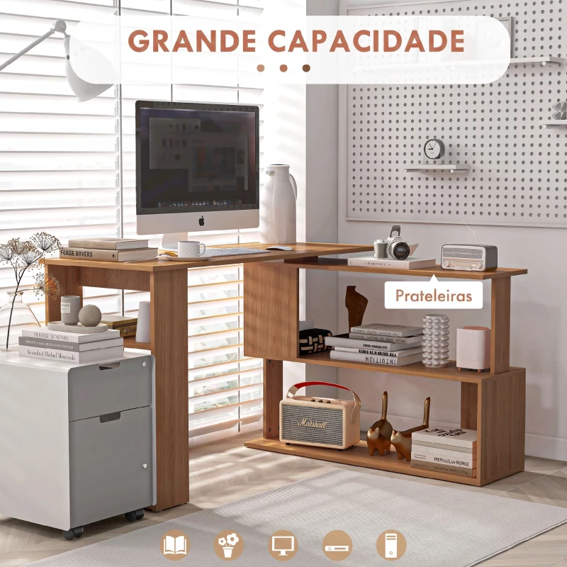HOMCOM Secretária em L com Estante e Prateleiras para Escritório e Estudo 120x110x74,5 cm Cor Ácer