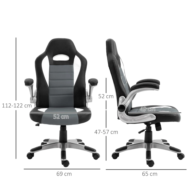 HOMCOM Racing Office Chair PU Leather Computer Desk Chair Gaming Style with Wheels, Flip-Up Armrest, Grey