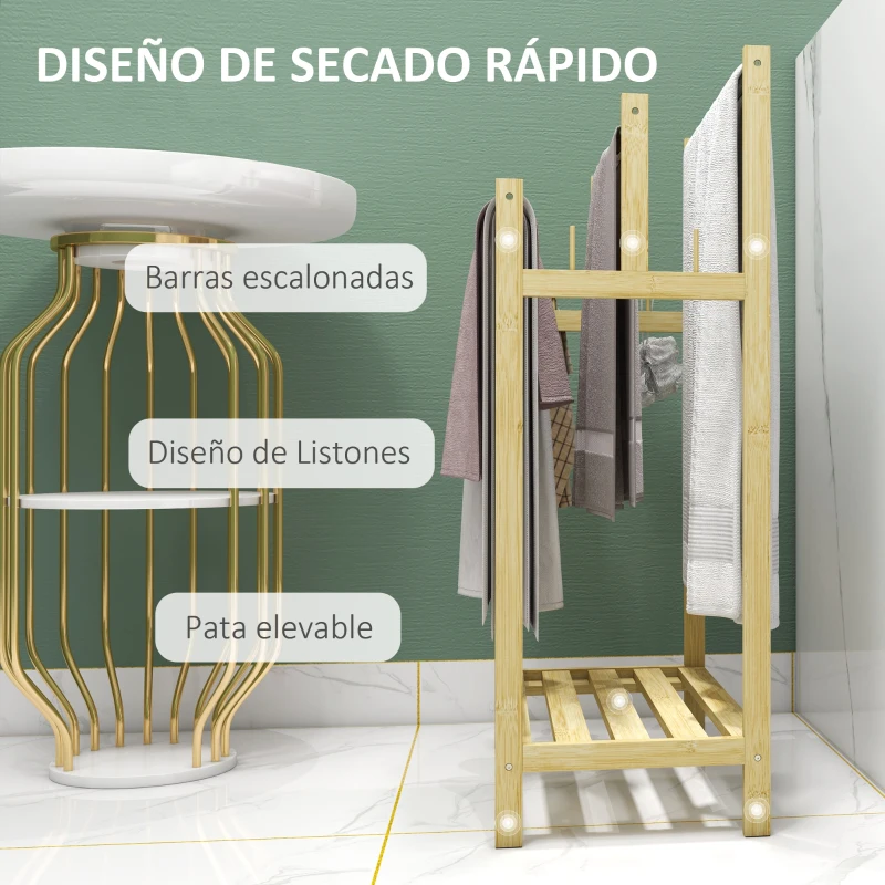 HOMCOM Toallero de Pie de Bambú con 3 Barras de Acero Inoxidable Estante Abierto 50,5x31x90 cm Natural